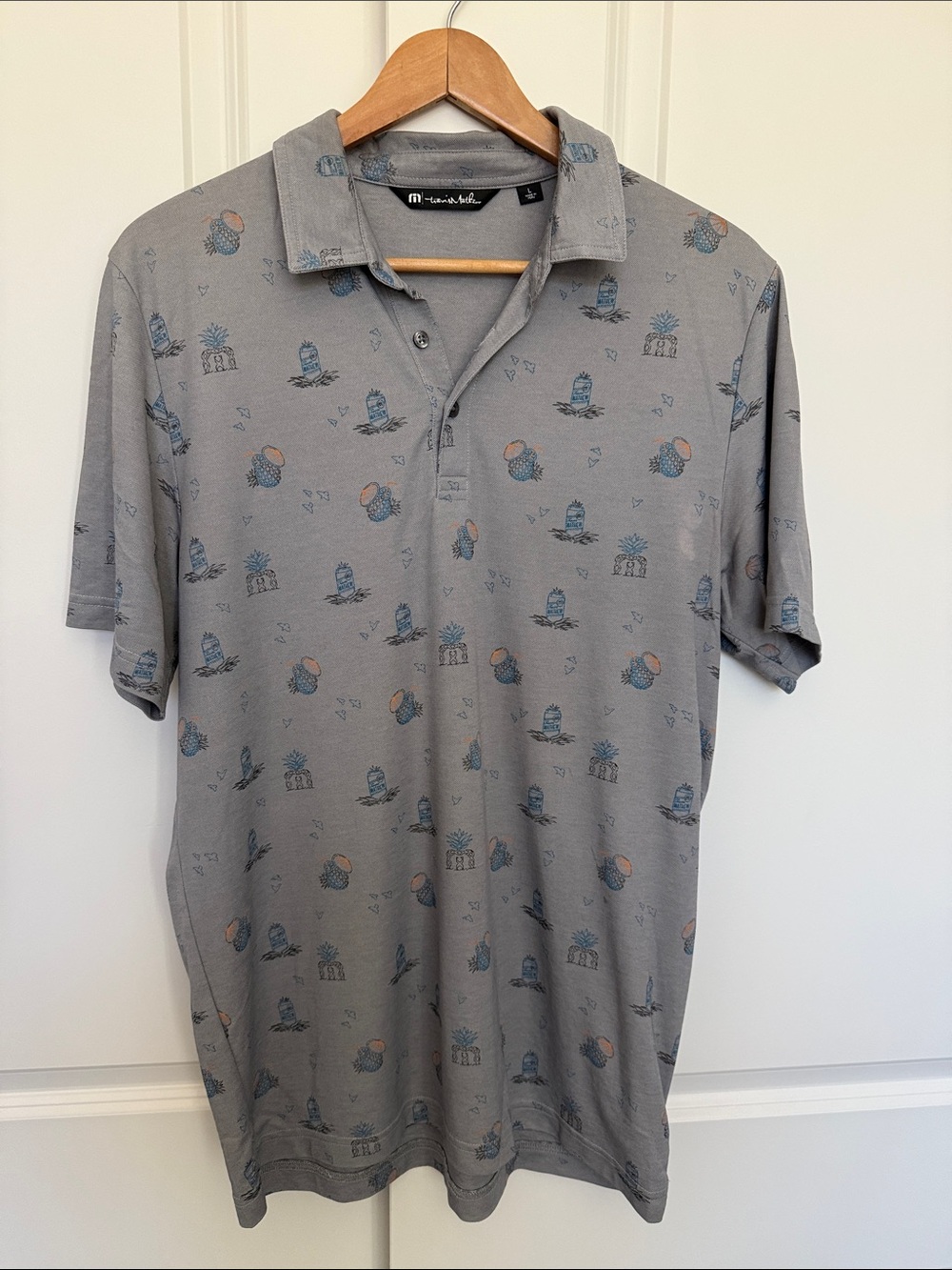 Travis Mathew Gray Polo with Blue and Tan Print